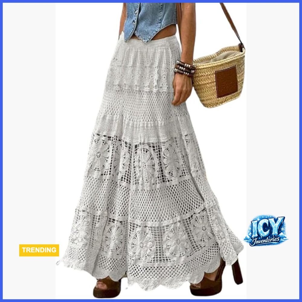 Western Floral Lace Crochet Knit Maxi Boho Skirt A-Line Eyelet